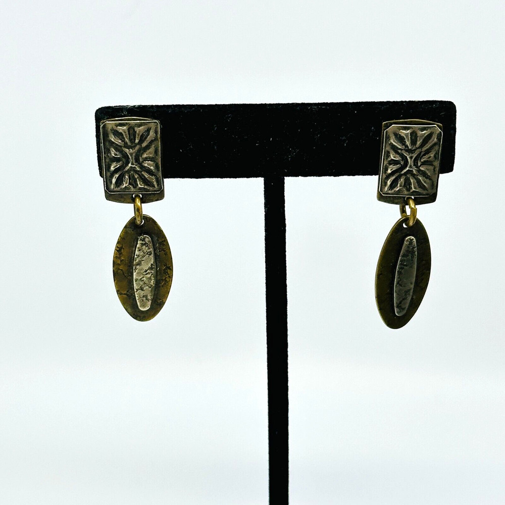Marjorie Baer Earrings Dangle Hammered Metal Two Tone Brutalist Modernist 1.75"